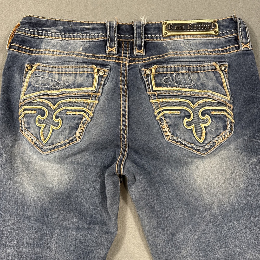 Rock Revival Jeans Womens 30 Caro Distressed Rhinestone Thick Stitch Blue